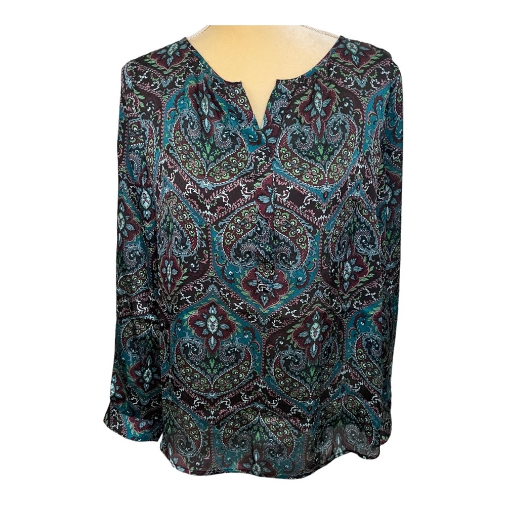 Talbots Split Neck‎ Teal Paisley Tunic Top Size Medium
